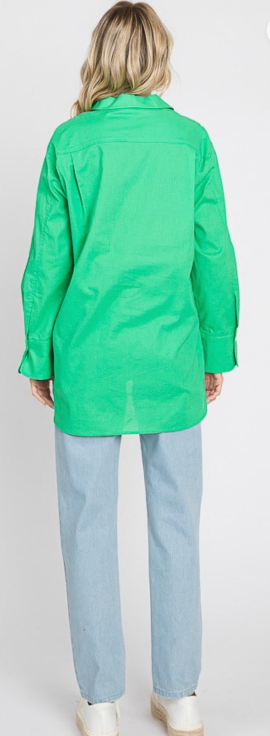 This product is a vibrant green Button Down Long Sleeve Top in Plus size. The top is long-sleeved, featuring a front button-down detail.