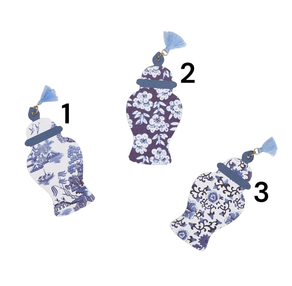 The Emery Board - Chinoiserie Jar with Tassel shows three blue and white jar designs with light blue tassels. Sizes: 1, 2, 3.