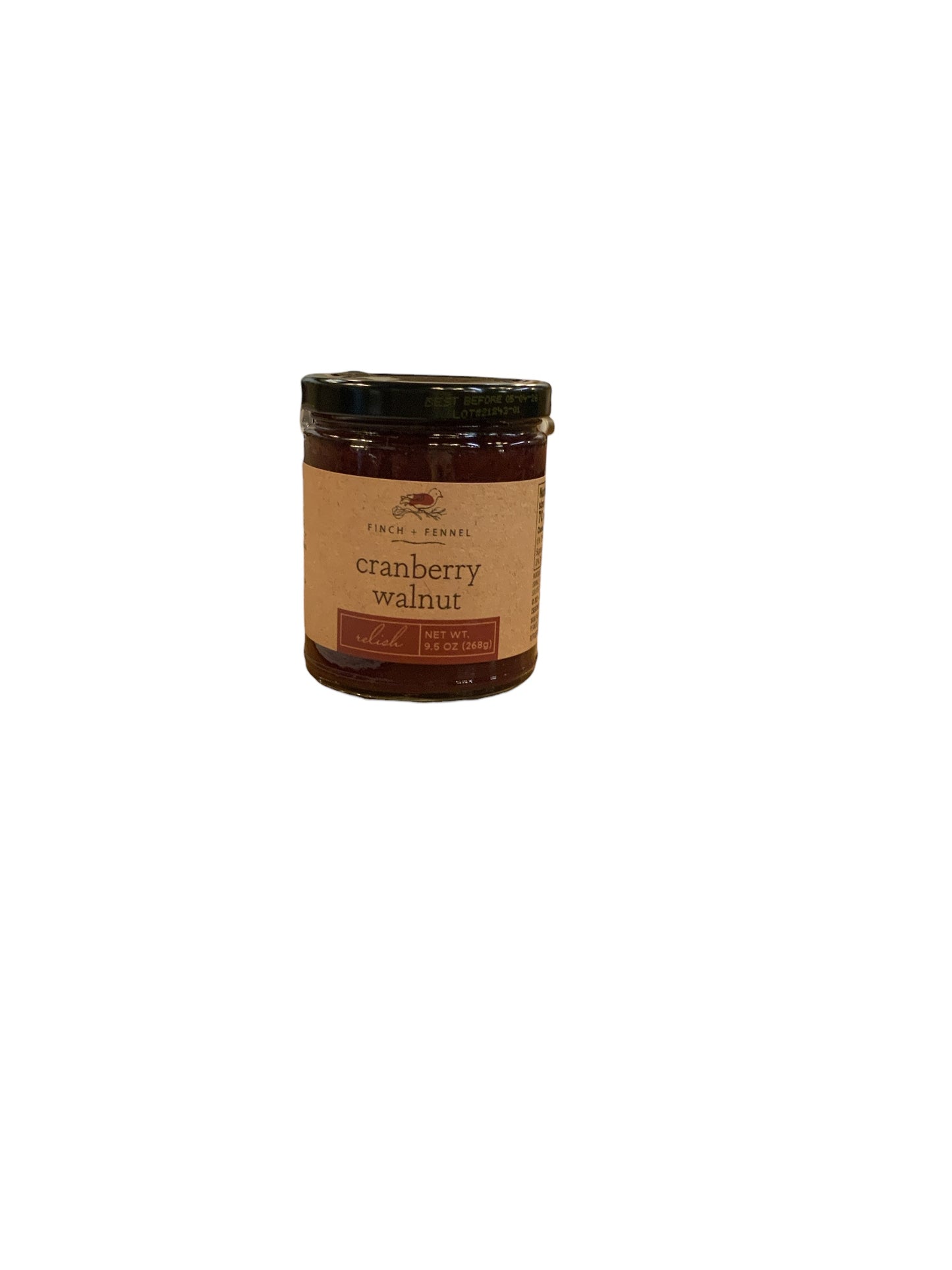 Cranberry Walnut Relish jar with brown label and black lid. Available in 8oz and 16oz sizes.