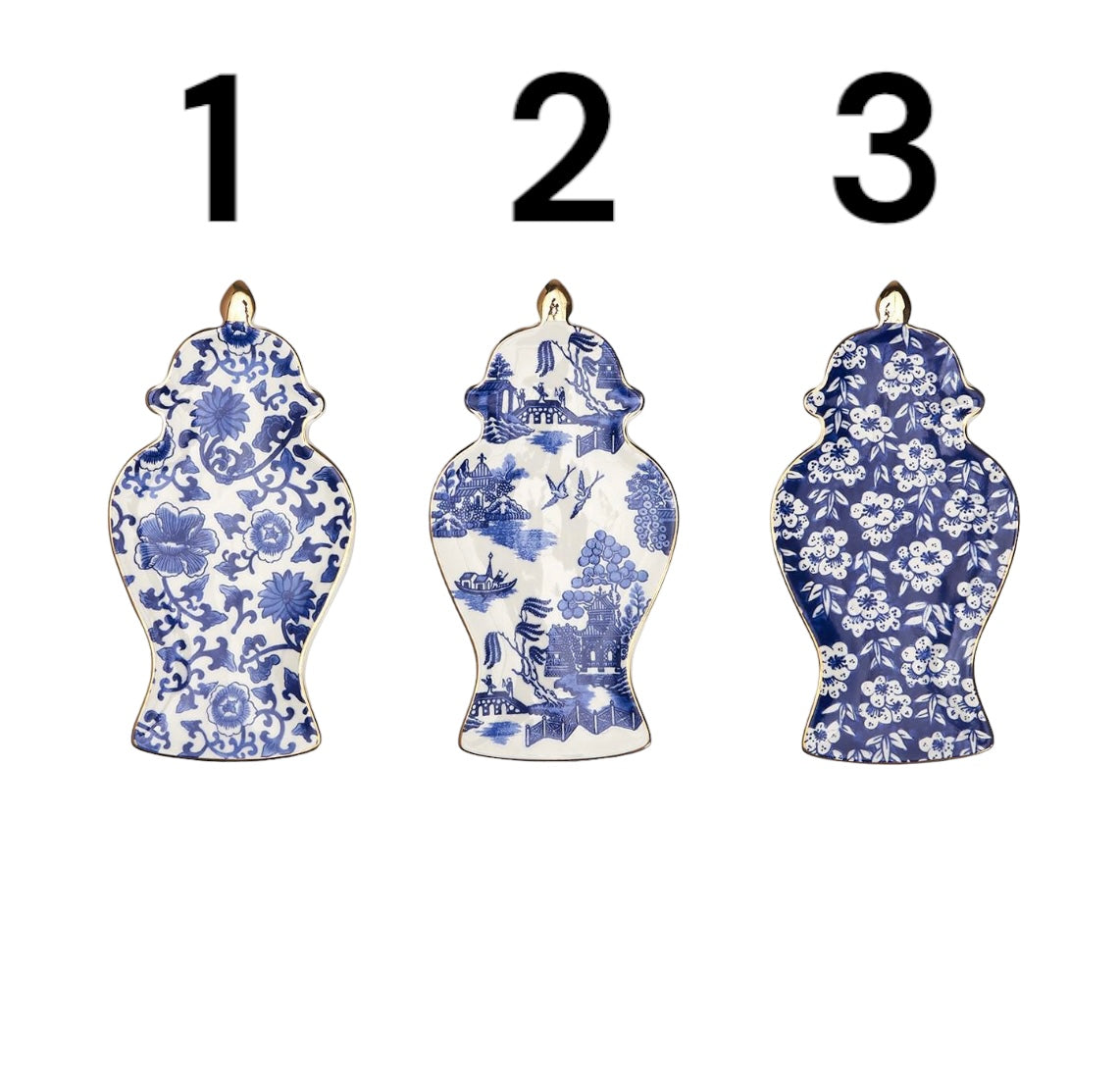 Blue and white porcelain Ginger Jar Trinket Tray with three unique Chinoiserie patterns. Available in small, medium, large.
