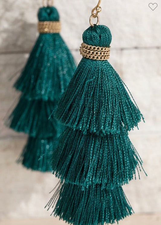 Teal Tier Tassel Earrings with three fringed tiers, gold accents, chain detail, fish hook. Sizes: small, medium, large.