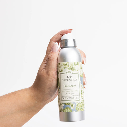 Silver "Hydrangea Room Spray" bottle with floral label; available in 100ml and 200ml sizes.