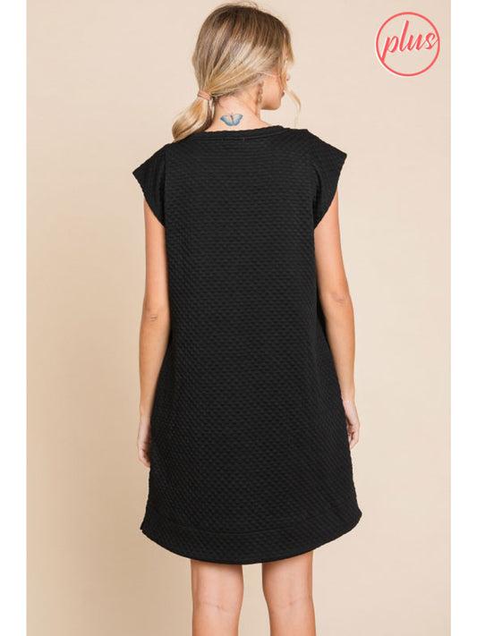 Embossing Texture Dress with Pockets. The dress features a subtle neckline and short sleeves. Available in multiple sizes.
