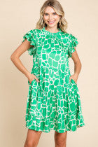 The product is a bright green Satin Print Dress with Frilled Neck & Pockets in Plus size. The dress features pleated ruffle layer sleeves and a flared skirt.