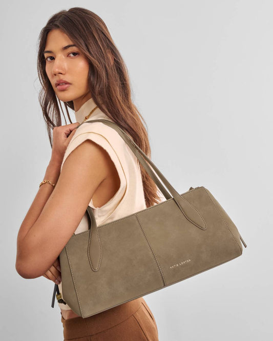 Hattie Suedette Shoulder Bag in Taupe, waterproof suedette, available in small, medium, and large sizes.