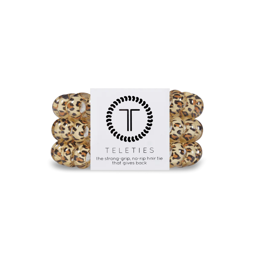 TELETIES Hair Ties in leopard print offer a strong grip and no-rip features. Sizes available: Small, Large.