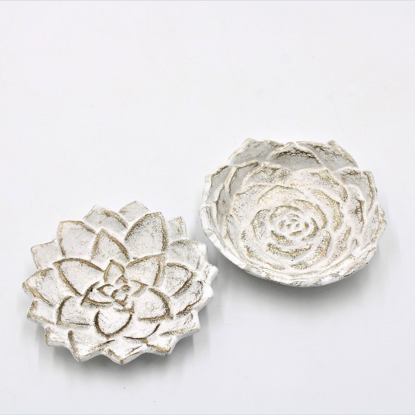 Two 5" cast iron flower dishes, succulent-inspired, rustic white finish with beige accents. Available size: 5 inches.