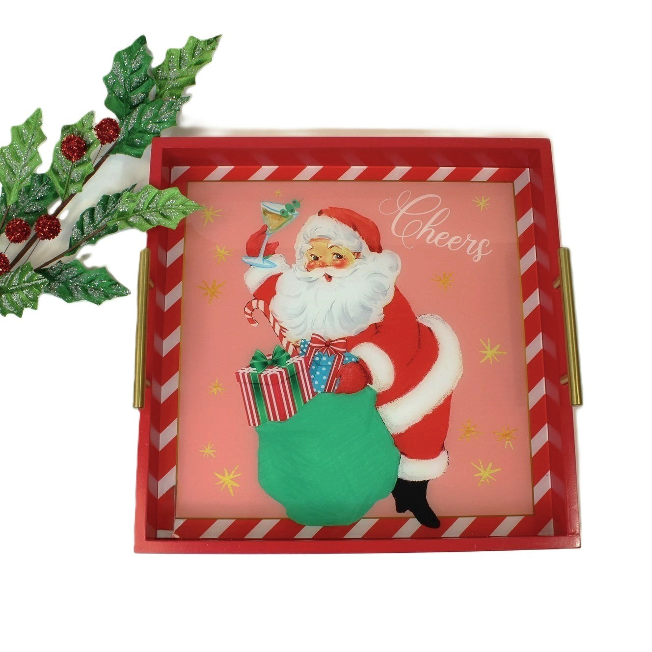 16"x16" Wood Tray with Gold Handles, Cheers Santa