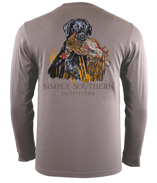 A Hunt Dog long-sleeve gray t-shirt, made from 100% Cotton, featuring a graphic print of a black dog surrounded by colorful autumn leaves. The shirt has text above reading "Simply Southern Out".
