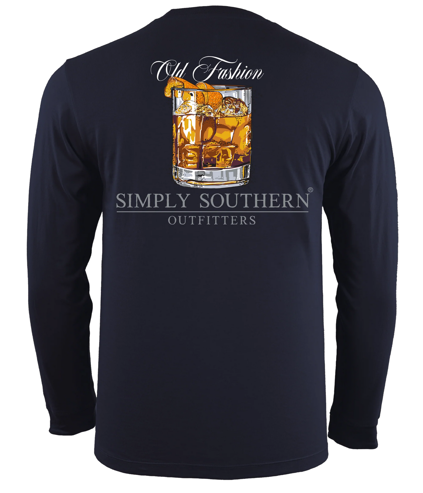 Navy blue long-sleeve Old Fashion unisex t-shirt with a sizing guide, featuring an illustration of an old fashioned cocktail on the back, labeled "old fashion" above the image.