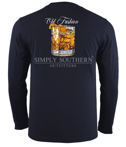 Navy blue long-sleeve Old Fashion unisex t-shirt with a sizing guide, featuring an illustration of an old fashioned cocktail on the back, labeled "old fashion" above the image.