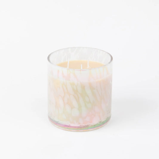 The Sweet Grace Collection Candle #058 features pastel-speckled glass, premium fragrance, pale soy-blend wax, and two wicks. Available in 15.8 oz size.