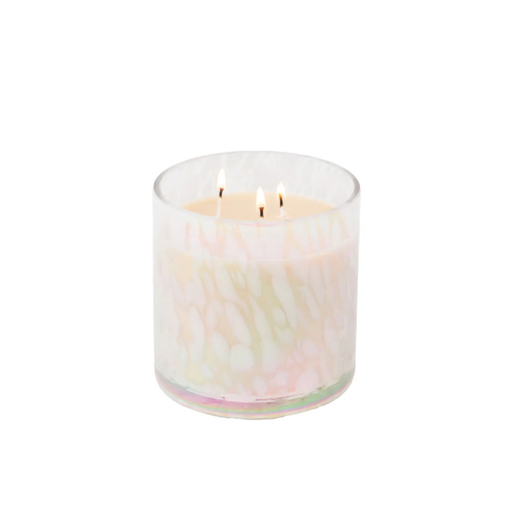 Sweet Grace Collection Candle #058: White soy-blend candle with three wicks in a glass container featuring a pastel marbled design. Sizes available: 15.8 oz.