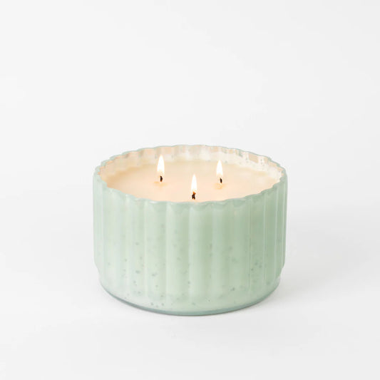 Sweet Grace Collection Candle #065: Light green ribbed ceramic container with creamy white soy-blend wax and three wicks. Available in 15.6 oz size.