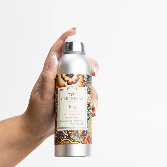 Hope Room Spray silver canister, floral label, "Spicy Berry" scent, long-lasting. Available in 100ml and 250ml sizes.