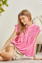 Anne Pleated Button Down Top in bright pink with ruffle and pleat details. Available in sizes XS, S, M, L, XL.