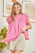 Anne Pleated Button Down Top in bright pink, features cap sleeves and pleated detailing. Sizes available: XS, S, M, L, XL.