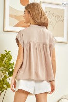 Anne Pleated Button Down Top with cap sleeves. Available in sizes XS, S, M, L, XL.