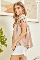 Anne Pleated Button Down Top with cap sleeves. Sizes available: XS, S, M, L, XL.