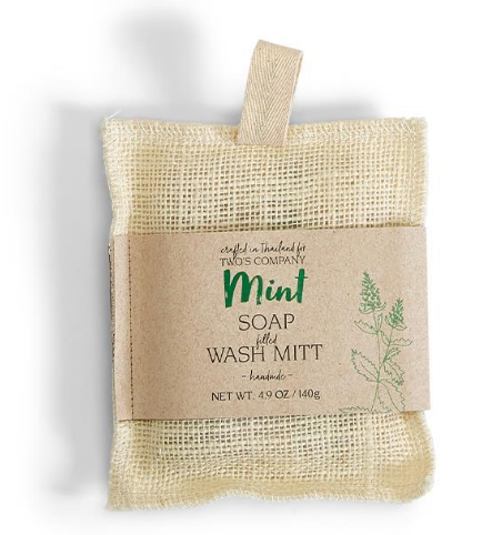 Rectangular jute mitt filled with mint soap in beige pouch. 4.9 oz/140g size available. Gently exfoliates.
