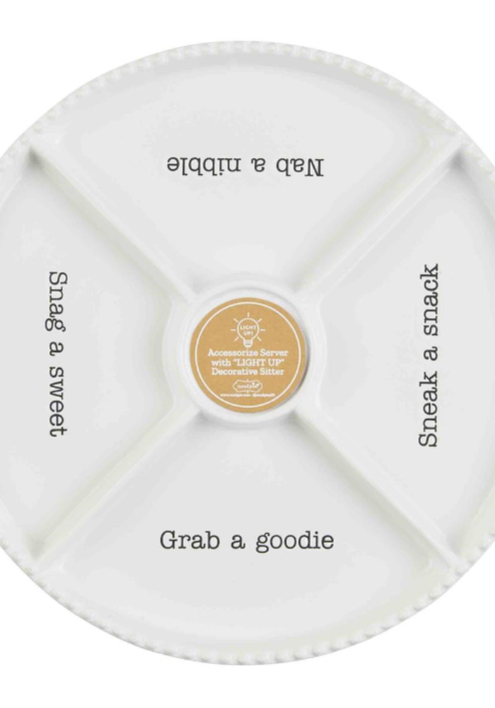 White round snack tray with 4 labeled sections and gold center label. Available in 12” and 15” sizes.