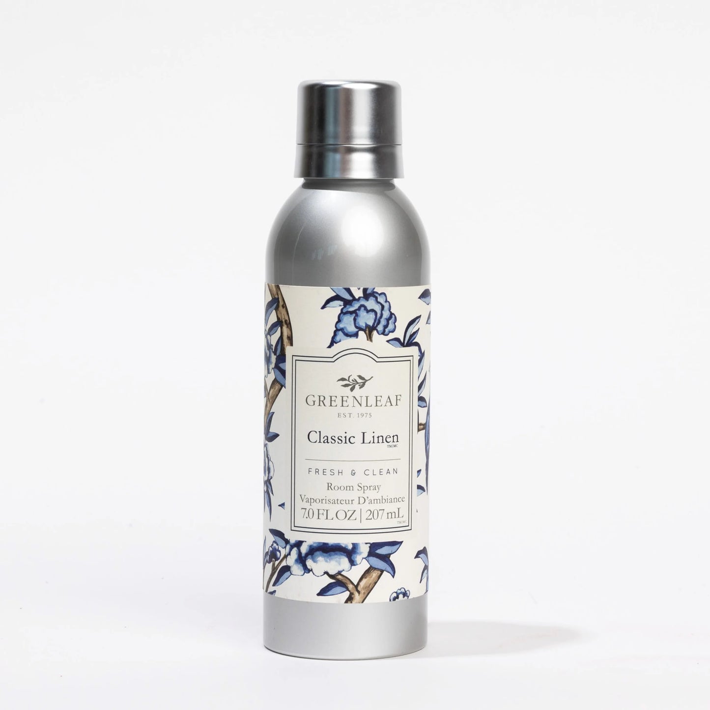 Classic Linen Room Spray in silver bottle, blue/beige floral patterns, 7.0 fl oz (207ml), fresh clean scent.