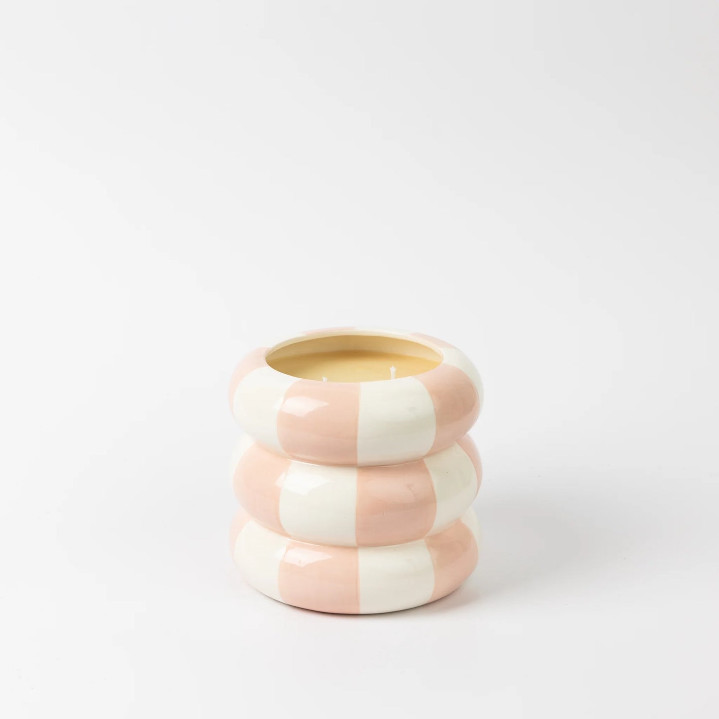 Sweet Grace Collection Candle #074: round, tiered, pastel pink and white stripes, soy-blend wax. Available in multiple sizes.