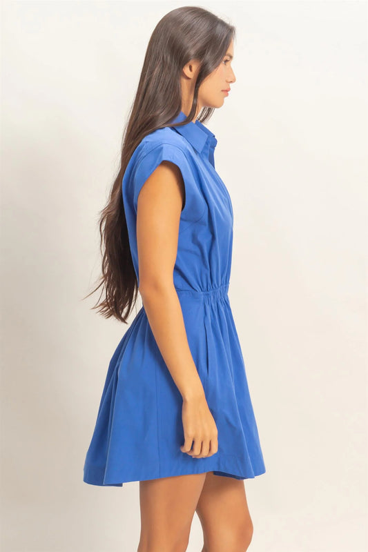 Cobalt Sleeveless Collared Shirred Dress