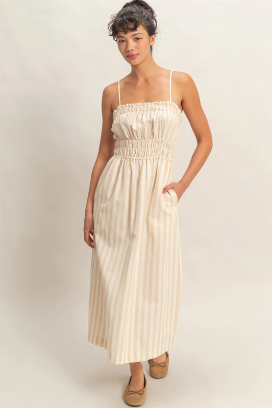 Taupe Striped Spaghetti Strap Midi Dress