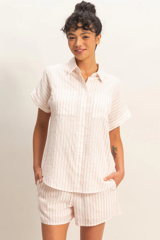 Striped Button-Up Dolman Sleeve Shirt in light pink stripes. Available in sizes XS-XL.