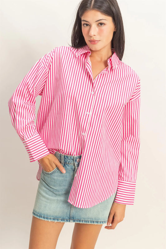 Striped Button-Up Poplin Shirt in pink and white, vertical stripes, oversized fit. Available in 3 colors and multiple sizes.