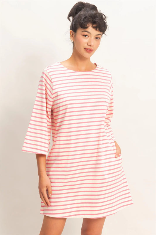 Striped Round Neck Half-Sleeve Dress | 2 Colors