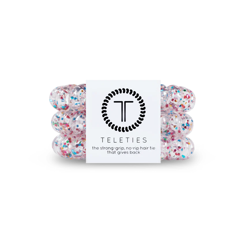 TELETIES Hair Ties feature colorful confetti patterns. Sizes available: Small and Large.