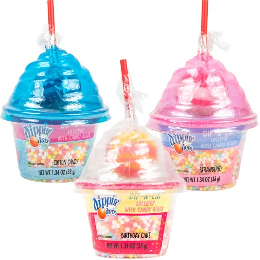 Dippin Dots Dip-N-Lik: 3 lollipops with red sticks, candy beads, powder in cups. Flavors: blue, pink, yellow. Standard size.