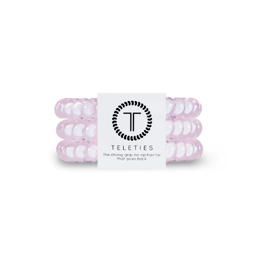 Set of light pink TELETIES spiral hair ties. Sizes: Small and Large.