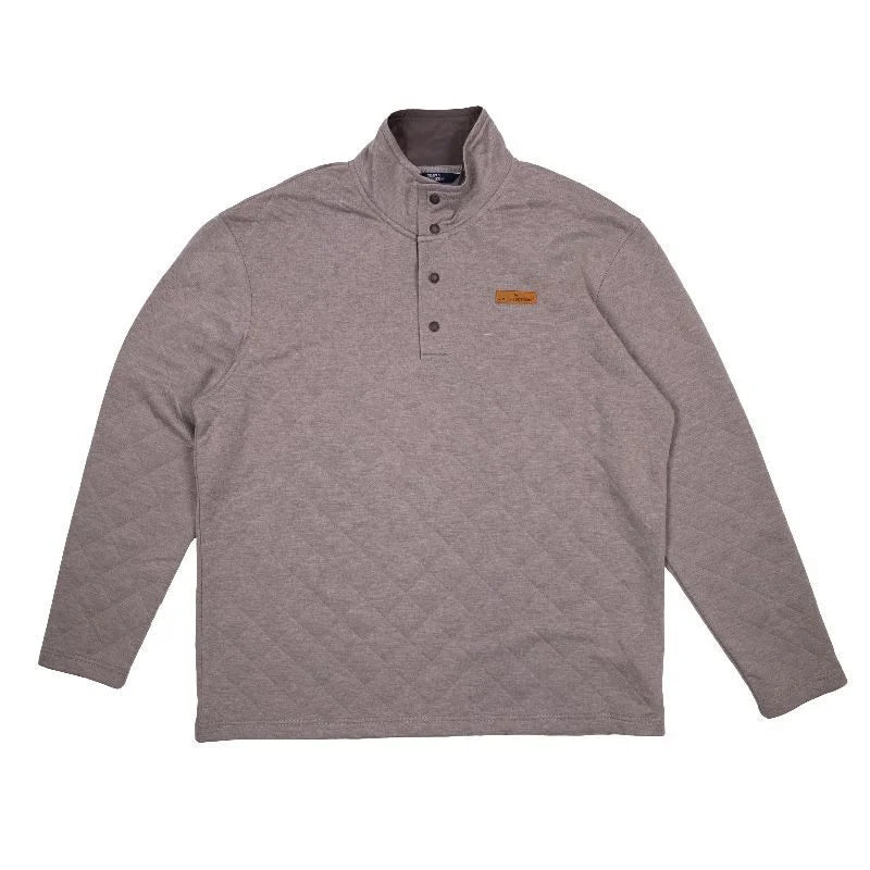 A gray, long-sleeved Men's Quilted Pullover with a partial zip front and a small brown label on the chest, displayed against a white background.