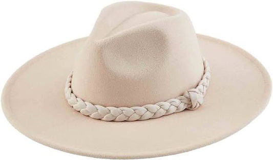 Light beige wide-brimmed felt fedora with faux leather braided band. Available sizes: S, M, L.