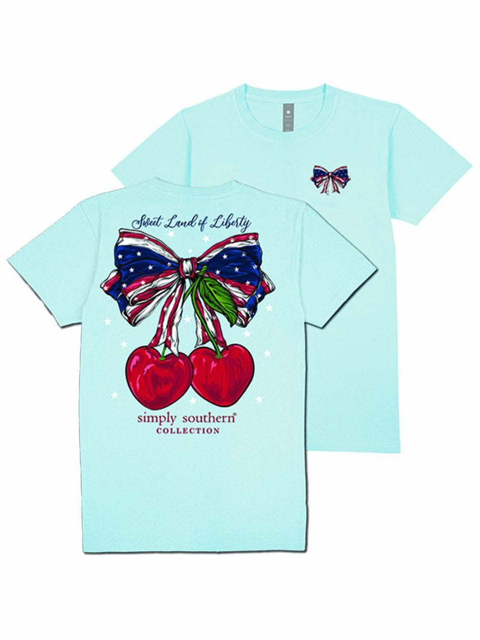 Light blue tee with small American flag bow on front, large patriotic cherry bow and “Sweet Land of Liberty” on back. Sizes S-XXL.