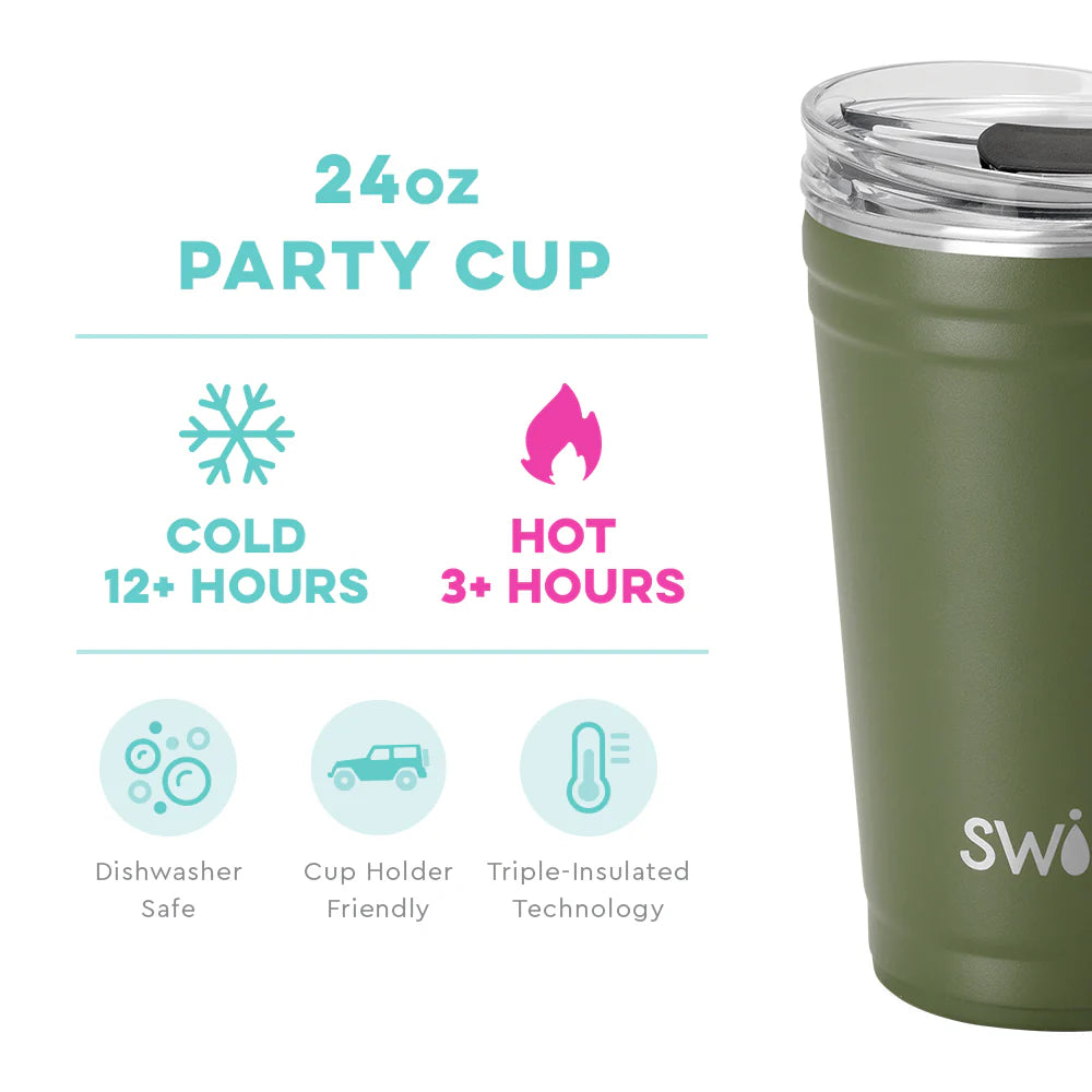 Olive Party Cup, 24oz, EZ Slider Lid, triple-insulated, dishwasher safe, cup holder friendly. Keeps drinks cold/hot for hours.