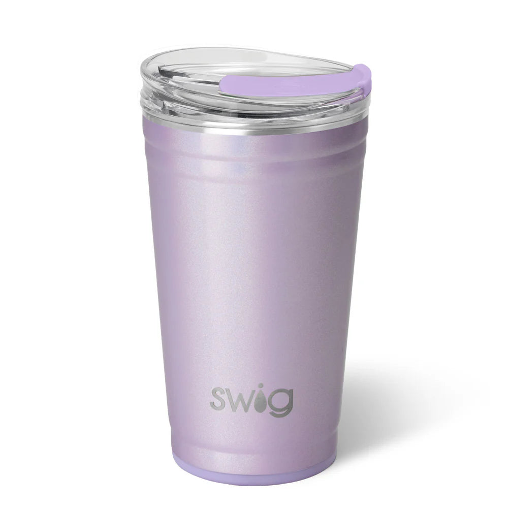 Pixie Party Cup: Lavender stainless steel body with iridescent purple shimmer, clear EZ Slider Lid with purple closure. Suitable for hot and cold beverages. Sizes available: 12oz, 20oz, 32oz.