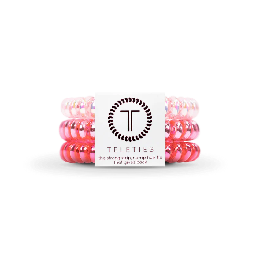 Set of three pink TELETIES hair ties. Sizes available: Small, Large.