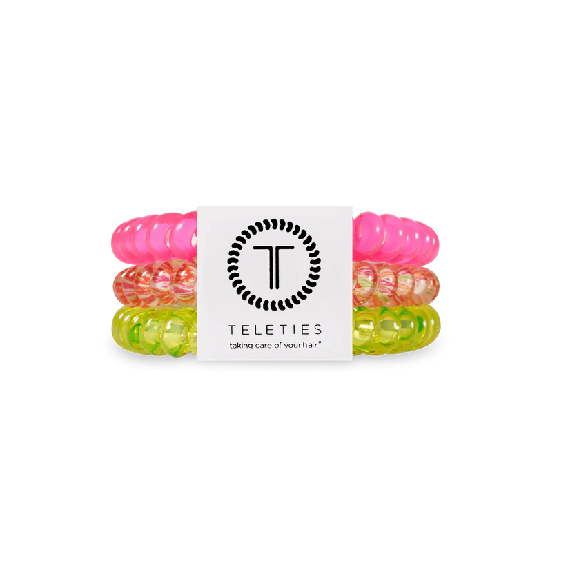 Set of three neon pink, orange, and yellow coiled TELETIES Hair Ties. Available in small and large sizes.