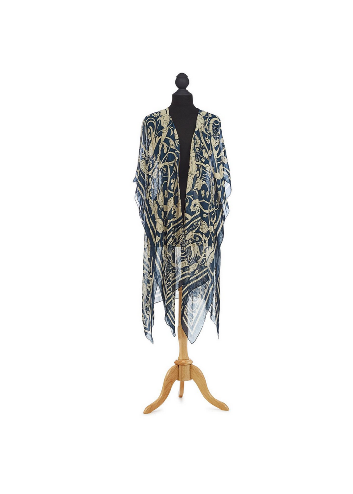 A blue and white Jaipur Blue Print Long Kimono paisley patterned kimono displayed on a mannequin against a white background.