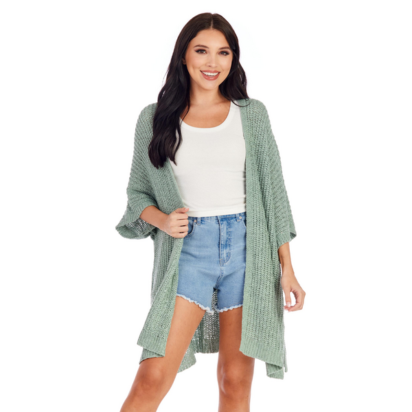 Brynn Cardigan in light green. Available sizes: XS-XL.