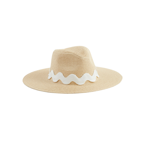 The Ric Rac Fedora is a beige straw sunhat with a wide brim and an oversized ric-rac ribbon trim. It includes an adjustable strap for fit. Available sizes: S, M, L.