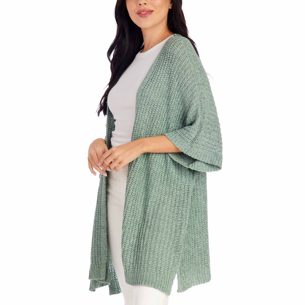 Brynn Cardigan in light green, available in sizes XS-XL. Features a classic knit design with long sleeves and open front.