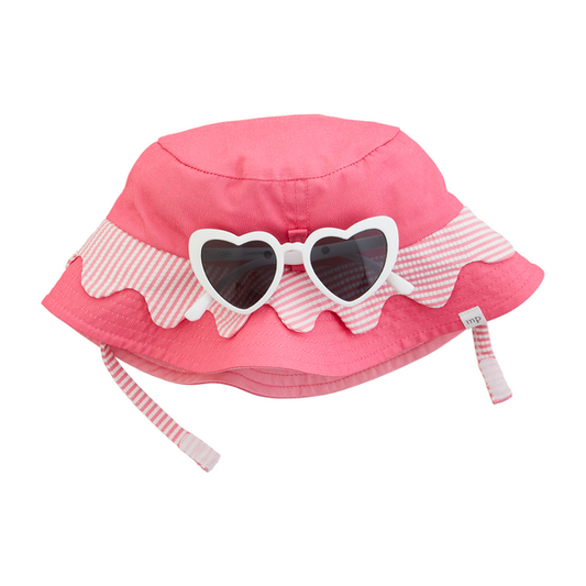 The Pink Hat & Sunglasses set includes a pink sun hat with a striped wavy brim and UV400 sunglasses, offering UPF 50+ protection. Available sizes: S, M, L.