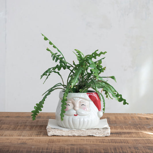 Stoneware Santa Head Shaped Planter, Red & White