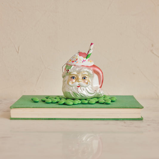 Glass Santa Head Mug Ornament with Whipped Cream & Straws