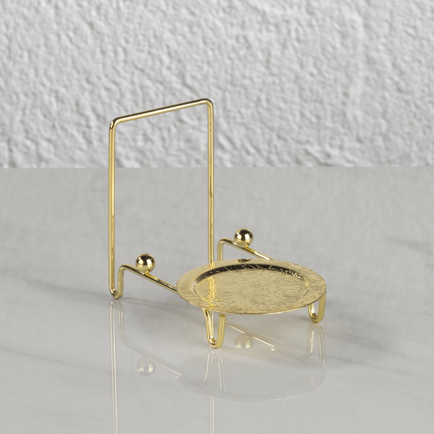 Brass Finish Cup & Saucer Stand with ornate round tray and two rods. Available in small, medium, and large sizes.
